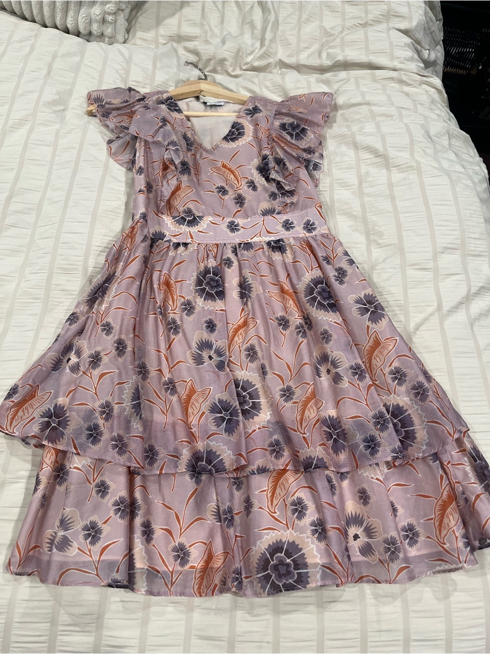 Current Air Lavender Floral Ruffle Tiered Dress with Peach Accents